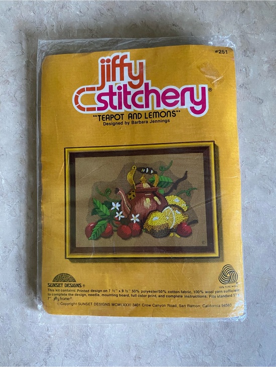 Sunset Stitchery Other - New Vintage 1981 Jiffy Stitchery "Teapot and Lemons" Crewel embroidery kit 5x7”